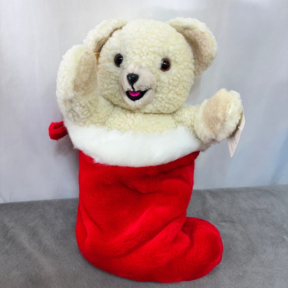 Russ 1986 Snuggle Bear Plush in Christmas Stocking 21" Vintage